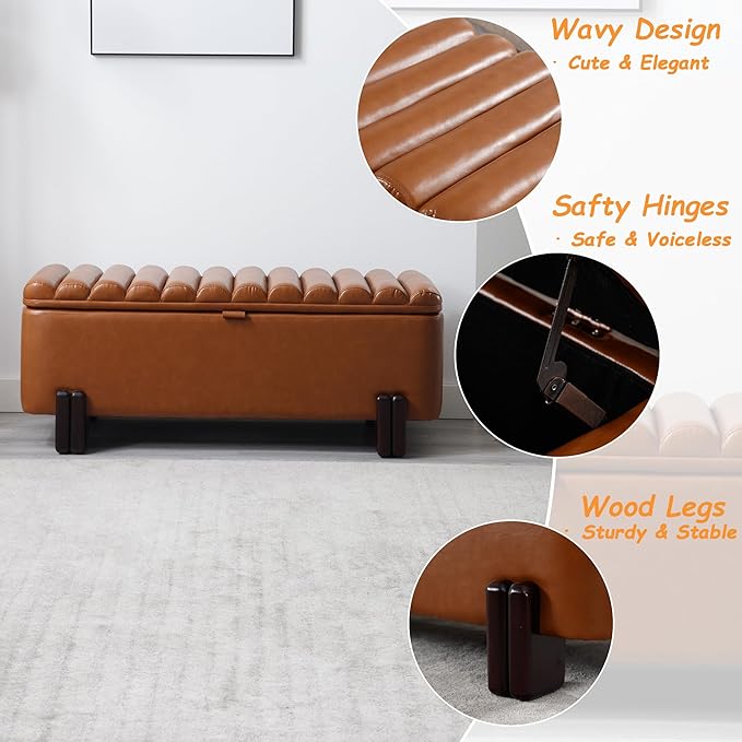 Kmax 45" Storage Bench PU Leather Entryway Bench Upholstered Ottoman Bench with Wavy Top &amp; Safty Hinge for Bedroom Living Room Hallway, Brown