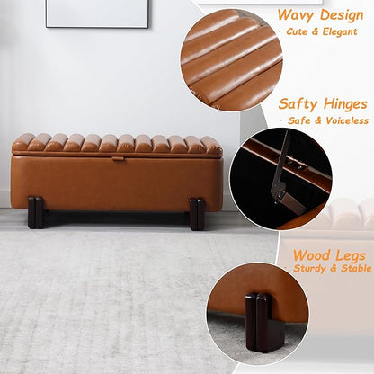 Kmax 45" Storage Bench PU Leather Entryway Bench Upholstered Ottoman Bench with Wavy Top &amp; Safty Hinge for Bedroom Living Room Hallway, Brown