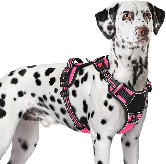 Eagloo Dog Harness for Large Dogs, Easy Wearing with 3 Buckles, Adjustable No Pull Pet Harness with 2 Rings for Walking, No Chock Reflective Soft Padded Vest with Control Handle, Pink &amp; Black, XL