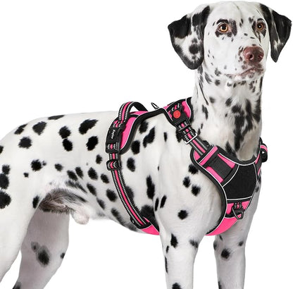 Eagloo Dog Harness for Large Dogs, Easy Wearing with 3 Buckles, Adjustable No Pull Pet Harness with 2 Rings for Walking, No Chock Reflective Soft Padded Vest with Control Handle, Pink &amp; Black, XL