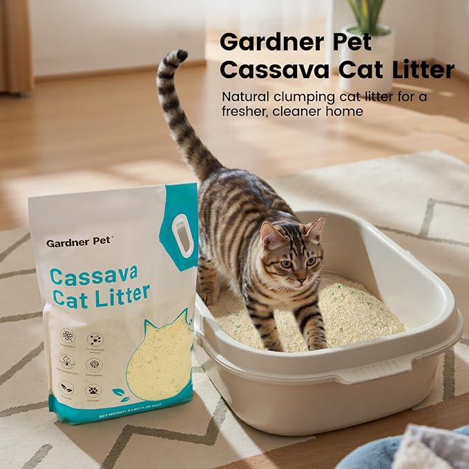 Gardner Pet Cassava Cat Litter, Clumping Cat Litter with Odor Control, Low Dust, Natural Plant-Based Litter, Fast Absorption &amp; Low Tracking Kitty Litter, Unscented with Deodorizing Pellets (9LBS*4)