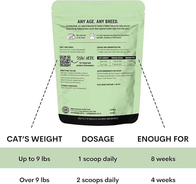 Probiotic for Cats &amp; Kittens - Cat Probiotic Powder for Hairball Prevention, Digestive Support, Immune Health, Prebiotics, and Diarrhea Relief - Suitable for Indoor Cats &amp; Kittens - 60 Scoops