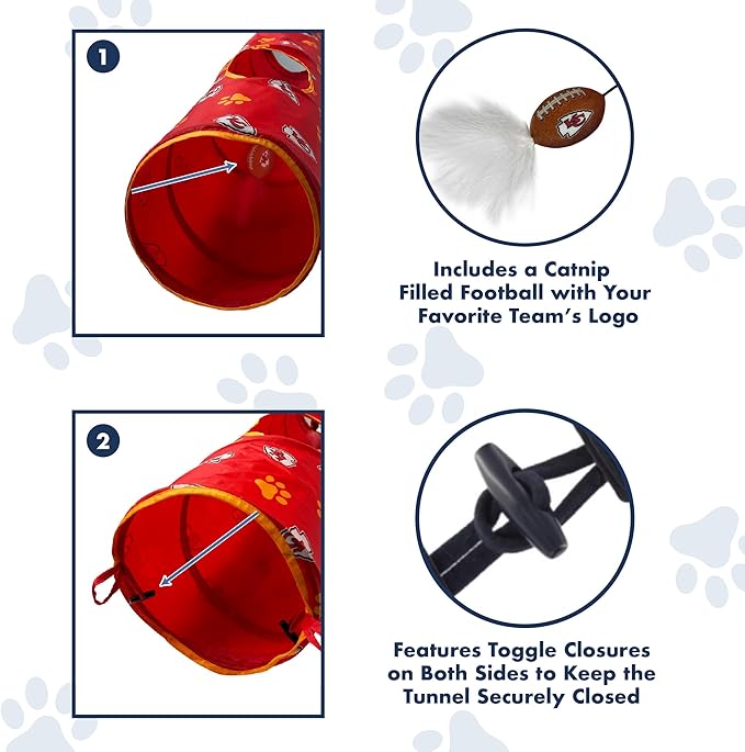 NFL Kansas City Chiefs Cat Tunnel Tube Toy with Plush Football Catnip and Feathers Collapsible Tunnel for Cats to Play, Peek and Hide, Sporty &amp; Fun Cat Tunnel Toy with Team Logo All-Over Design!
