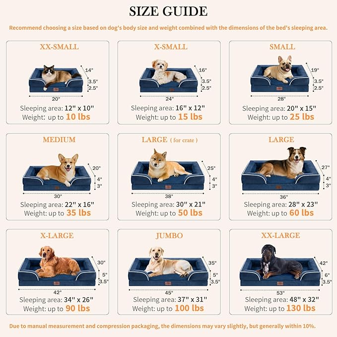 Comfort Expression Large Dog Beds, Waterproof Dog Beds Orthopedic Foam, Dogs Sofa Comfy Pet Beds with Washable Removable Cover &amp; Non-Slip Bottom(Large,Navy Blue)