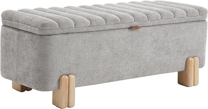 Kmax 45" Storage Bench Velvet Entryway Bench Upholstered Ottoman Bench with Wavy Top &amp; Safty Hinge for Bedroom Living Room Hallway, Grey