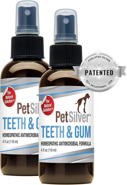 PetSilver Teeth &amp; Gum Spray - Dog Dental &amp; Teeth Cleaning Spray for Plaque &amp; Tartar Build-Up Reduction - Natural Breath Freshener for Dogs &amp; Cats - Patented Chelated Silver - Made in USA - 4oz, 2-Pack