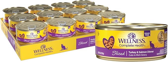 Wellness Complete Health Sliced Adult Wet Cat Food, Natural, Protein-Rich, Grain Free, 5.5 Ounce, 24 Pack, (Turkey &amp; Salmon Entrée)