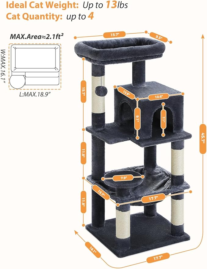 PETEPELA 45.7" Cat Tree for Indoor Cats, 5-Level Cat Tower for Large Cats with Metal Frame Large Hammock (17.3"x15.3"), Cat Condo with (18.5"x13") Big Top Perch &amp; 4 Sisal Covered Scratching Post Dark