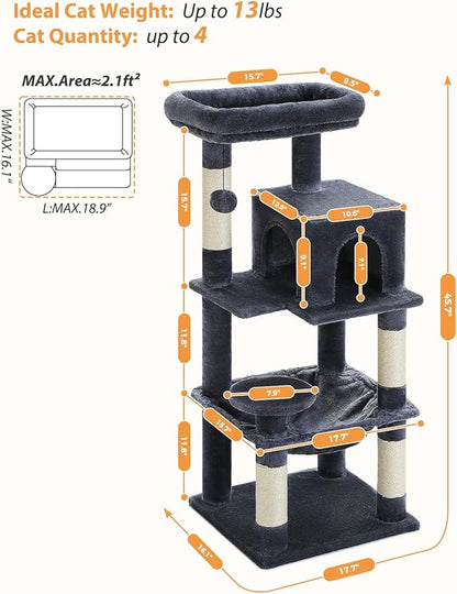 PETEPELA 45.7" Cat Tree for Indoor Cats, 5-Level Cat Tower for Large Cats with Metal Frame Large Hammock (17.3"x15.3"), Cat Condo with (18.5"x13") Big Top Perch &amp; 4 Sisal Covered Scratching Post Dark