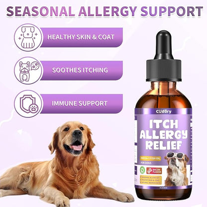 Dog Allergy Relief Drops, Skin &amp; Coat Support with Fish Oil and Omega-3, Natural Immune Supplement for Dogs – Seasonal Allergy &amp; Itchy Skin Care – Soothes Sensitive Skin, Itch Relief for Dog, 2 Fl oz