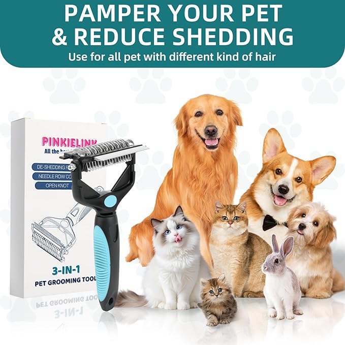 3-IN-1 Pet Grooming Tool - Undercoat Rake, Dematting Comb &amp; Deshedding Brush for Cats &amp; Dogs - Removes Mats, Tangles &amp; Loose Fur, Reduces Shedding &amp; Prevents Hair Mess (Blue)