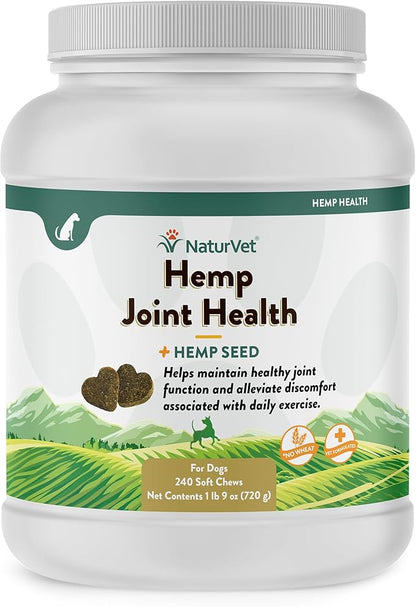 NaturVet Hemp Joint Health Hip &amp; Joint Support Dog Supplement – Soft Chew Supplements for Dogs with Glucosamine, MSM, Chondroitin, Omega 3, Vitamins, Antioxidants – 240 Ct.