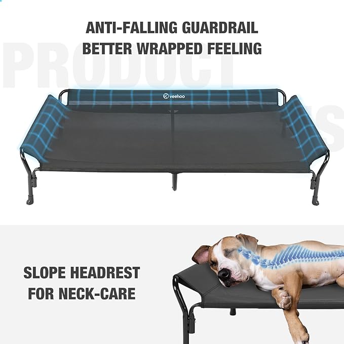 Veehoo Cooling Elevated Dog Bed, Guardrail Raised Pet Cot, Indoor &amp; Outdoor XXL Pet Bed with Washable &amp; Breathable Teslin Mesh, Non-Slip Feet, Dog Couch Bed, 62.5" x 37", Black