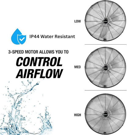 OEMTOOLS 24" Outdoor Wall Mount Fan, 80° Oscillating Fan 6800 CFM Max, Water Resistant, Use in Garage, Gym, Warehouse, Factory and Jobsite