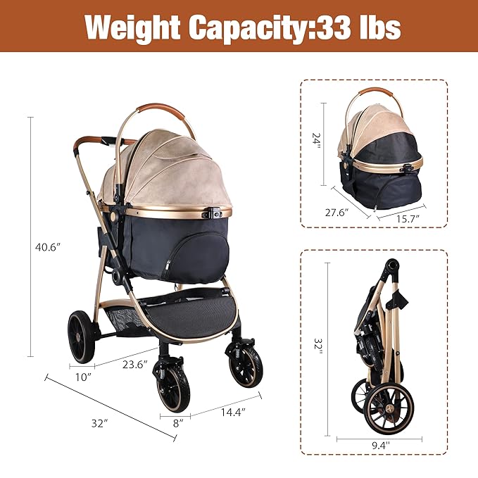 3 in 1 Multifunction Pet Stroller for Small Medium Dogs Cats, No-Zip Dog Stroller with Detachable Carrier &amp; Cup Holder, One-Hand Quick Fold, 4 Wheels Travel Foldable Aluminum Alloy Frame Up to 33 lbs