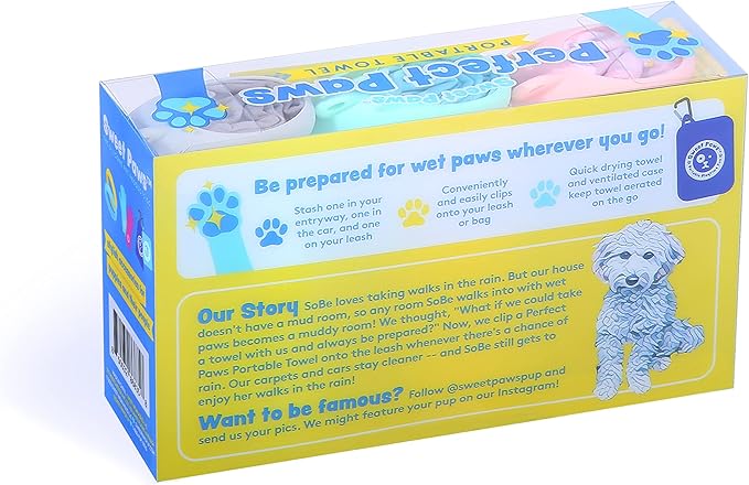 Sweet Paws Portable Dog Paw Towel, Lightweight &amp; Super Absorbent Microfiber, Clips onto Leash, Quick Drying Towel for Dogs Paws with Silicone Case, Dry Dog’s Paws on The Go - 3 Pieces Set - Large