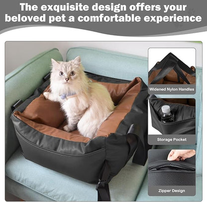 Dog Car Seat for Small Dogs, Large Leather Dog Car Bed with Storage Pocket, Waterproof PVC Leather Booster Seat Travel Bed for Front &amp; Back Seat, Clip-On Safety Leash (Black/Brown)