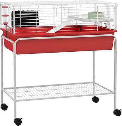 PawHut Two-Story Small Animal Cage Removable from Stand, Guinea Pig Cage with Shelf &amp; Wheels, Pet Habitat for Hedgehog, Chinchilla, Ferret, 33" x 18.5" x 35", Red