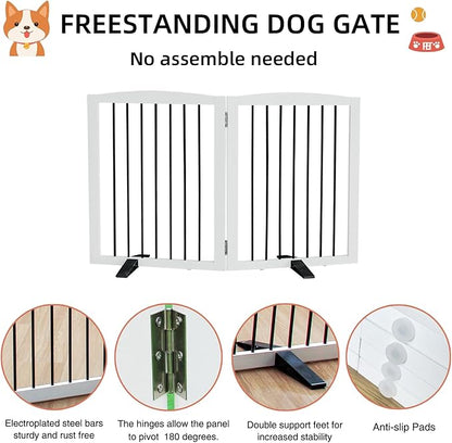 ZJSF Freestanding Panel Dog Gate for Indoor, Doorways,Stairs, or Hallways,Foldable Wooden White Pet Gates for House,Pet Gate for Dogs,Dog Fence, Puppy Gate,Support Feet Included, 32 "Height-2 Panels