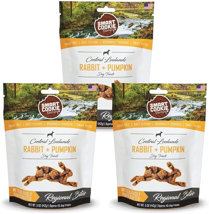 Smart Cookie All Natural Dog Treats - Rabbit &amp; Pumpkin - Training Treats for Dogs with Allergies or Sensitive Stomachs - Soft Dog Treats, Grain Free, Chewy, Human-Grade, Made in USA - 5oz, Pack of 3
