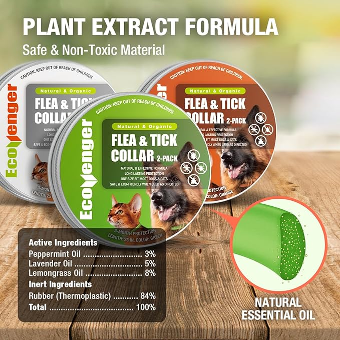 EcoVenger Flea &amp; Tick Collar Repellent 2-Pack Green, Fits Both Dogs &amp; Cats, Built-in Pant-Based Formula Strong Repellency Slow Release, Lasting Deterrence and Protection, Pleasant Aroma, Waterproof
