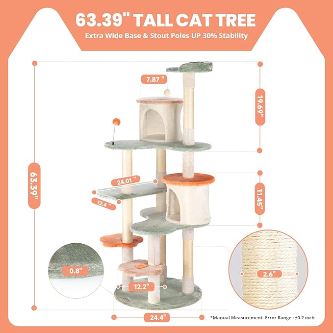 HYABi 63-inch Cat Tree for Large Cats, Multi-Level Flower Tower with Condo, Sisal Scratching Posts &amp; Toy Balls, Sturdy &amp; Safe Indoor Playhouse