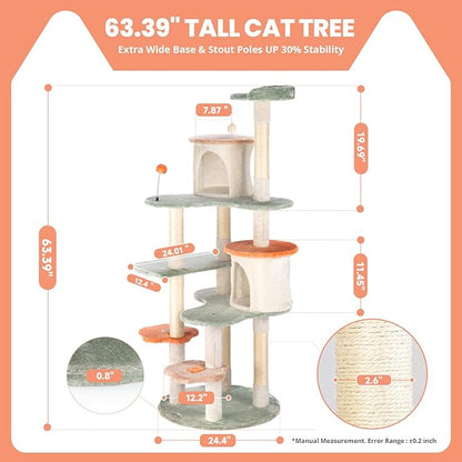 HYABi 63-inch Cat Tree for Large Cats, Multi-Level Flower Tower with Condo, Sisal Scratching Posts &amp; Toy Balls, Sturdy &amp; Safe Indoor Playhouse