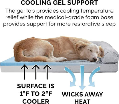 Furhaven Cooling Gel Dog Bed for Large Dogs w/ Removable Bolsters &amp; Washable Cover, For Dogs Up to 125 lbs - Plush &amp; Suede Sofa - Gray, Jumbo Plus/XXL