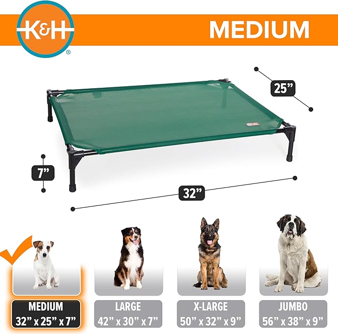K&amp;H Pet Products Outdoor Elevated Dog Cot, Cooling Raised Bed with Waterproof Breathable Mesh for Medium Dogs, Portable Place Bed with Heavy-Duty Metal Frame &amp; Hammock Style Cover - Medium Green