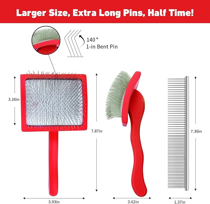 Dog Slicker Brush for Shedding and Grooming Medium or Long Haired Cats, Extra Long &amp; Soft Pin Slicker Brush for Removes Loose Hair, Tangles, Knots, Undercoat, Free Pet Comb, Large Red