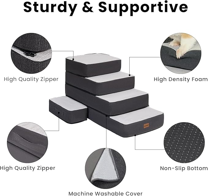 4-Step Adjustable Dog Stairs for Beds, Dog Steps for Small Dogs and Cats, Foldable Pet Stairs for Bed Climbing, Non-Slip Pet Step Indoor, Grey