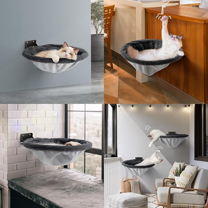 Cat Hammock Wall Mounted, Foldable &amp; Stable Cat Beds- Breathable Cats Wall Shelves for Sleeping, Playing, Climbing, and Lounging - Maximum Hold Up to 30lb（Gray,Faux Rabbit Fur）