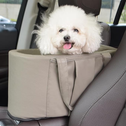 2 and 1 Center Console Dog Car Seat &amp; Carrier for Small Dogs, Large Leather Dog Car Bed with Storage Pocket, Waterproof PVC Leather Seat Travel Bed for Front &amp; Back Seat, Clip-On Safety Leash