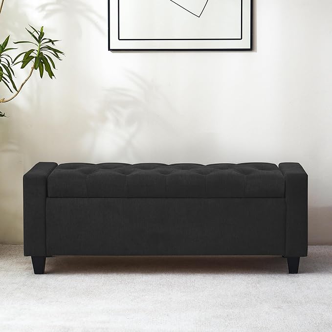 Ottoman with Storage, 48.8" Fabric Storage Ottoman Bench with Hinge, Bedroom Bench, Upholstered Benches with Seating for Living Room, Entryway (Dark Grey)