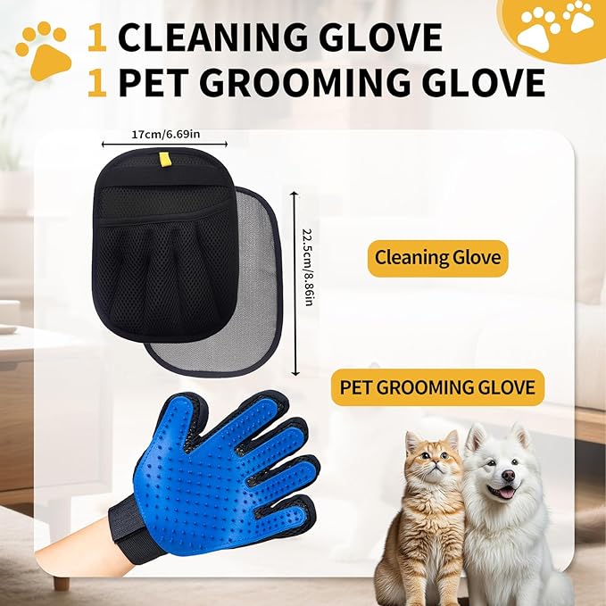 Pet Hair Removal Glove, Cats Dogs Grooming Gloves Pet Hair Removal Tool, 2025 Upgrade Reusable Pet Hair Remover Glove（1 Pet Grooming Glove &amp; 1 Cleaning Glove）