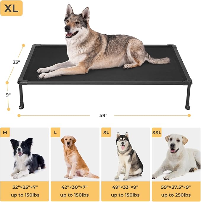 Veehoo Chewproof Elevated Dog Bed - Cooling Raised Pet Cot, Breathable Mesh, Washable &amp; Non-Slip for Large Dogs, Indoor/Outdoor, Black Mat and Black Frame, 49x33inches (Model CWC2203A03)