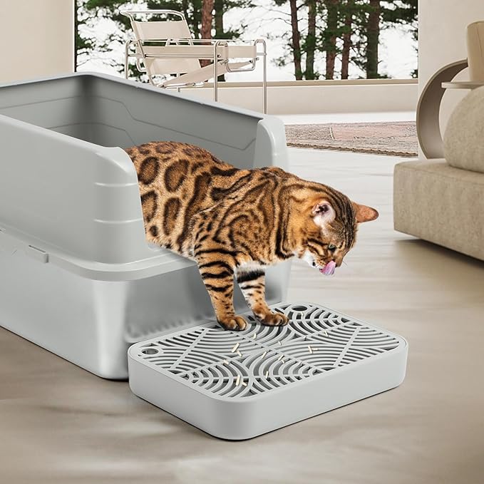 Litter Box Step, Cat Step/Ramp/Catcher with Filter Function, Easy to Clean, Filter Pedal Ideal for Kitten &amp; Elderly Cats (Light Grey)