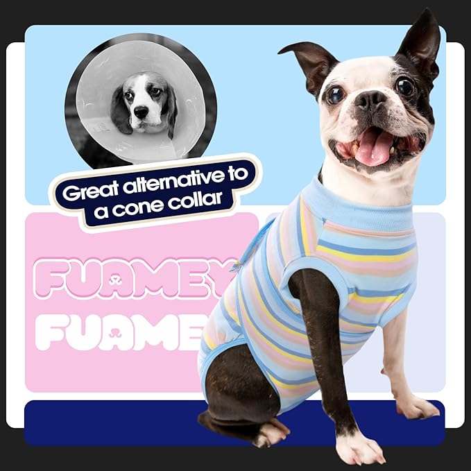 FUAMEY Recovery Suit for Dogs After Surgery,Soft Breathable Dog Bodysuit E-Collar &amp; Cone Alternative Surgical Suit,Male Female Dog Neuter Spay Suits Anti Licking Wounds Onesie Blue Yellow Stripes M
