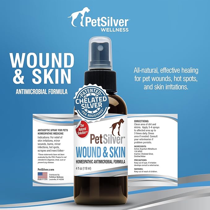 PetSilver Wound &amp; Skin Spray - Dog Wound Spray, Hot Spot, Allergy Relief for Dogs, Itch Spray for Cats - Natural Skin Soother - Chelated Silver, Superior to Colloidal Silver - Made in USA - 4 fl oz