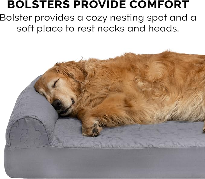 Furhaven Cooling Gel Dog Bed for Large/Medium Dogs w/ Removable Bolsters &amp; Washable Cover, For Dogs Up to 55 lbs - Pinsonic Quilted Paw L Shaped Chaise - Titanium, Large