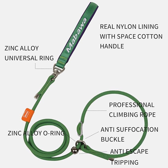 Dog Anti-Slip Leash 5FT with Metal Stopper - Durable No-Pull Training Lead for Small, Medium &amp; Large Dogs - Comfortable Handle Nylon Rope, Tangle-Free Pet Walking Leash (Green, 5 FT)