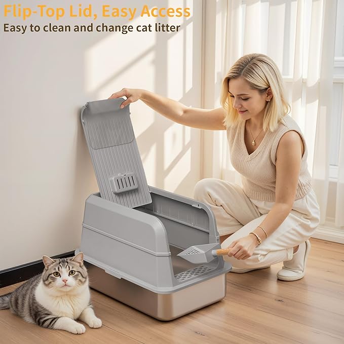 Stainless Steel Litter Box with Lid, XL Extra Large Cat Litter Box, Enclosed Metal Litter Pan with High Sided Enclosure &amp; Scoop, Anti Leakage, Easy to Clean, Odor Control(Grey)
