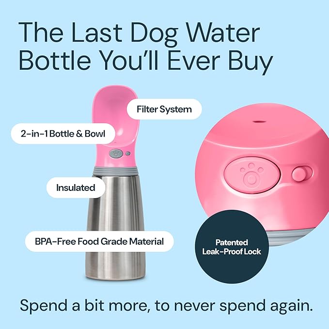 MalsiPree Insulated Dog Water Bottle - 24 Oz, Pink - Leak-Proof Stainless Steel Portable Travel Dispenser &amp; Bowl