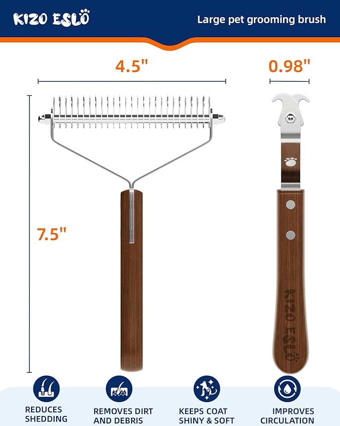 Extra Large 2-Sided Undercoat Rake for Dogs &amp; Cats, Dog Brush for Shedding Remove Mats, Dematting Comb, Safe &amp; Gentle Grooming Brush for German Shepherds Medium to Long-Haired Pets (Walnut Handle)