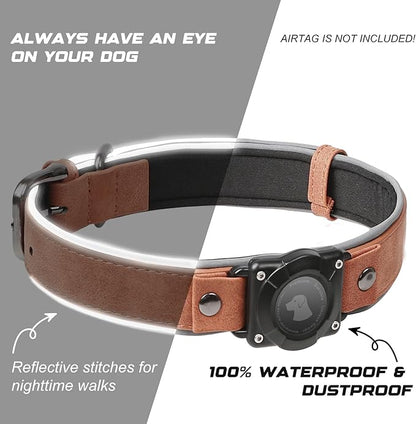 AirTag Dog Collar - Leather Dog Collar with Air Tag Holder | IPX8 Waterproof, Reflective, High - End, Adjustable Soft Padded | Dog GPS Tracker Collars Fit for Medium Large Dogs (Mahogany Brown, M)