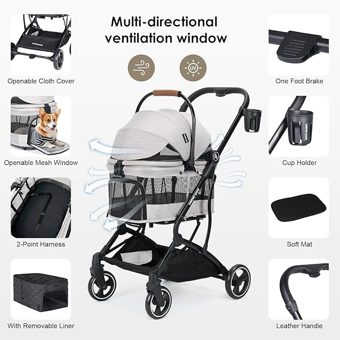 T3 3 in 1 Small Pet Stroller for Dogs &amp; Cats, 4 Wheels for Dogs with Detachable Carrier with Pad, Canopy and Cup Holder, Grey