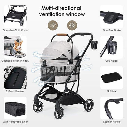 T3 3 in 1 Small Pet Stroller for Dogs &amp; Cats, 4 Wheels for Dogs with Detachable Carrier with Pad, Canopy and Cup Holder, Grey