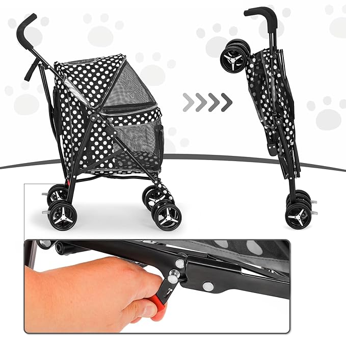 MoNiBloom 4 Wheels Pet Stroller, Easy-Fold Umbrella Shaped Dog Cat Jogger Stroller w/Storage Bag &amp; Visible Mesh for Small/Medium Dogs Cats Black Polka Dots