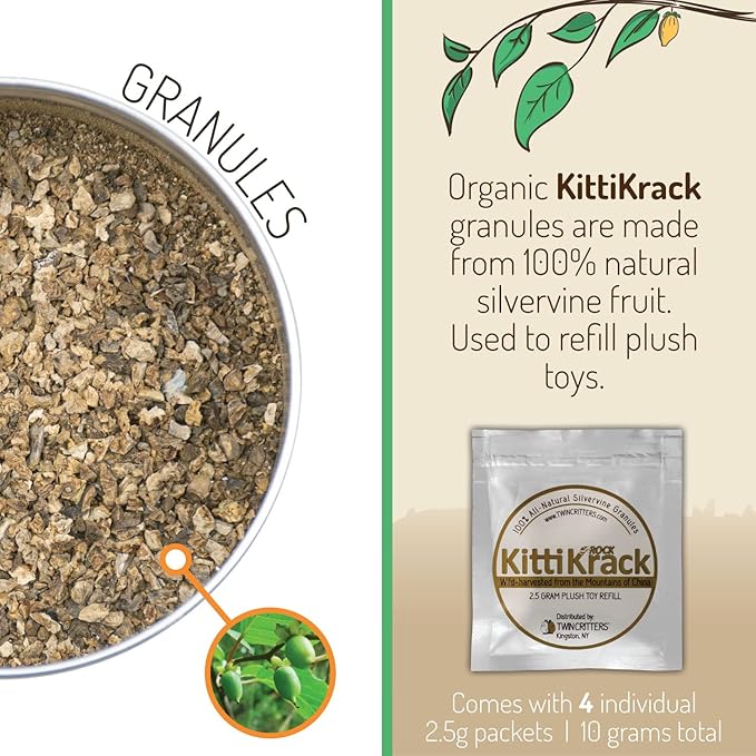 KittiKrack Rock Organic Silvervine Catnip Substitute for Cats &amp; Kittens | All-Natural Wild Harvested Silvervine Granules | 4 Refills for TWINCRITTERS Refillable Plush Cat Toys | 10g