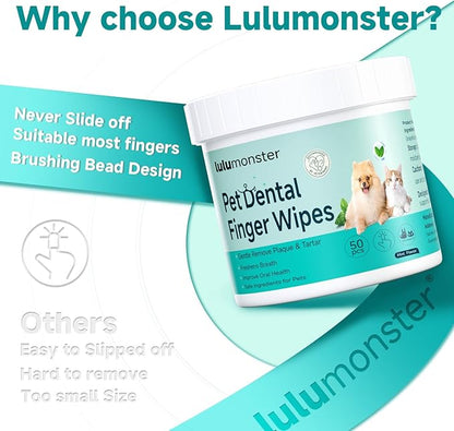Pet Dental Finger Wipes for Dogs &amp; Cats, Dog Teeth Cleaning Wipes Tooth Brushing Kit by Remove Plaque and Tartar &amp; Freshens Breath Buildup No-Rinse Dog Finger Toothbrush Mint Flavor